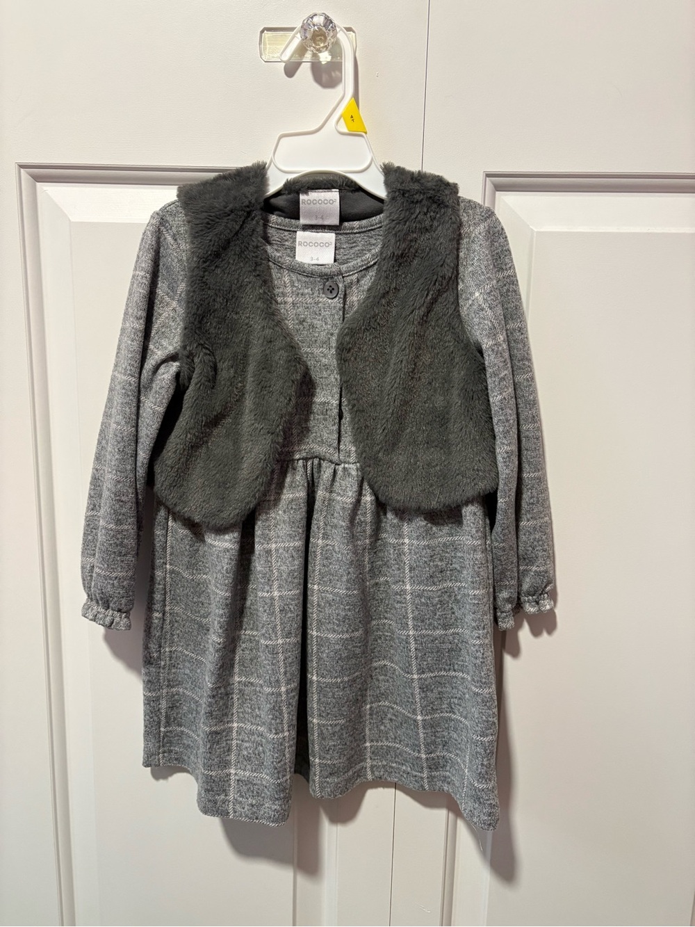 Rococo Baby Grey Plaid Dress with Faux Fur Vest 3-4